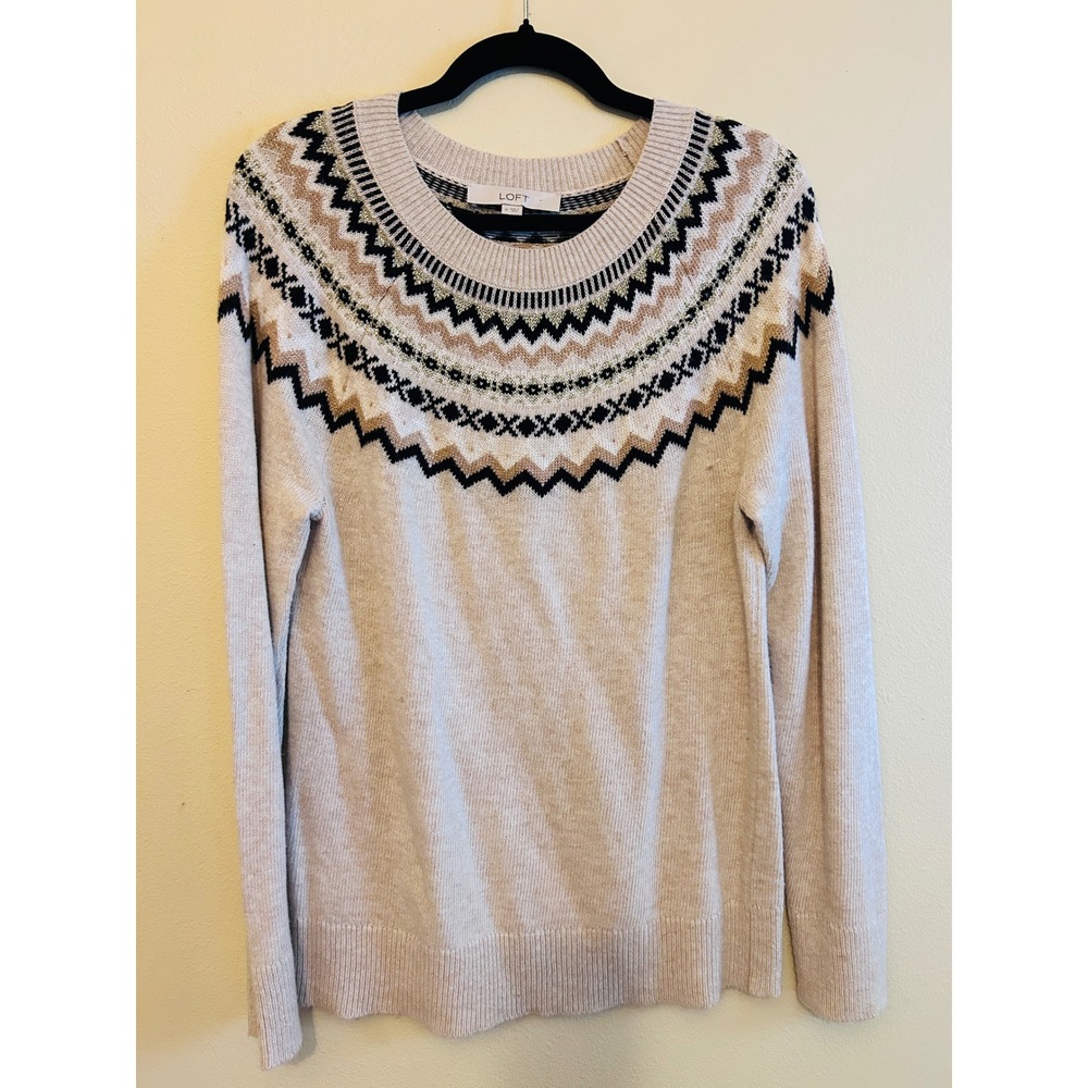 LOFT Fair Isle Sweater Womens Medium Beige Excellent Metallic Yoke Pullover